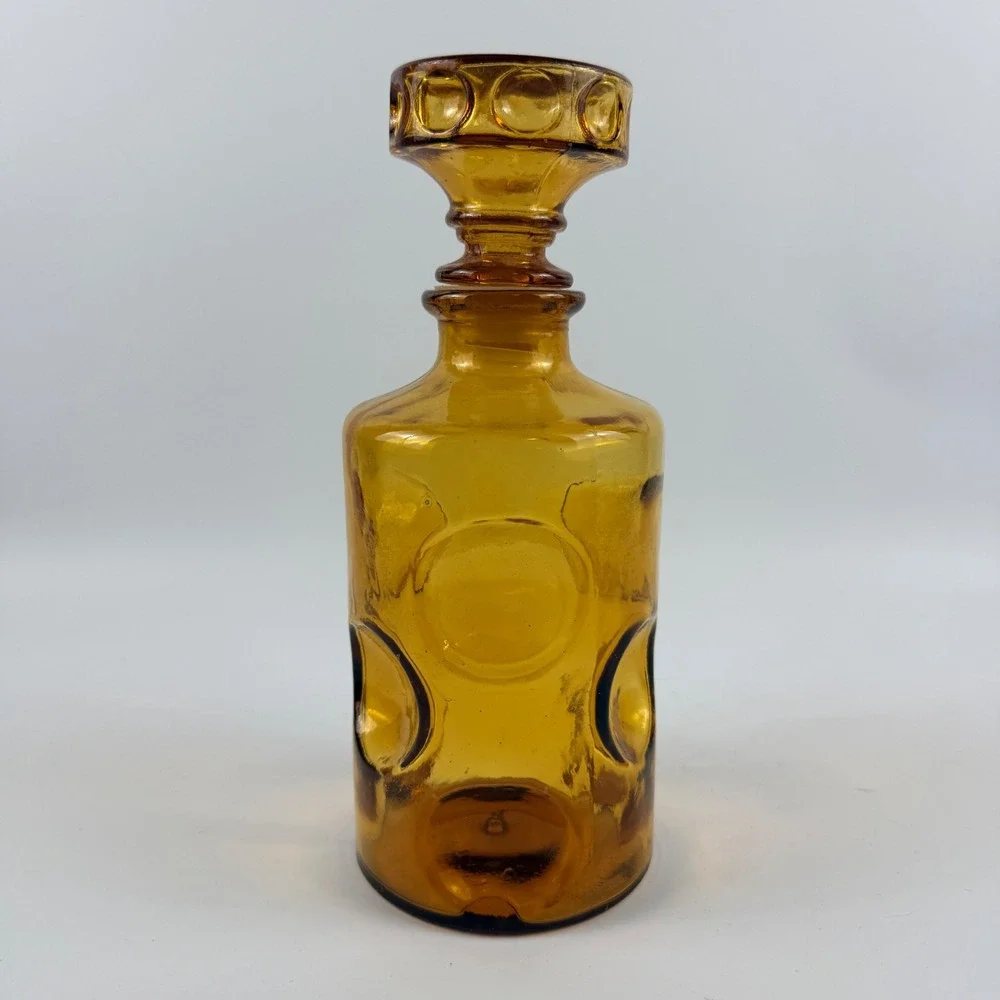 Vintage Empoli Amber Embossed Circle Glass Decanter Original Stopper Italy